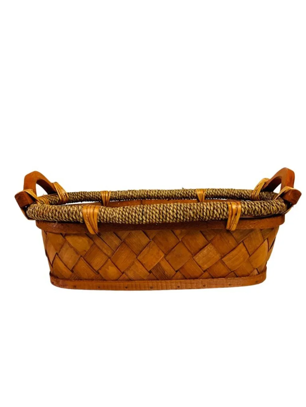 Woven Rustic Decorative Basket Wood Chip Style Oblong Farmhouse VTG Honey Brown